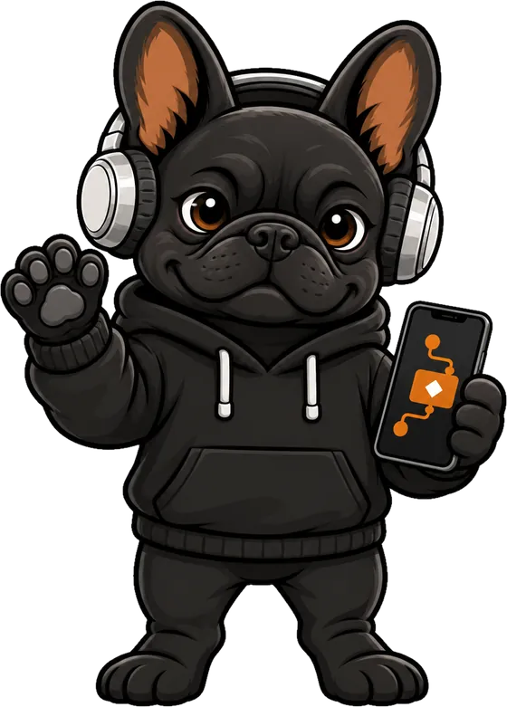 The mascot waving hello, headphones on, holding a phone that shows an automation flow.