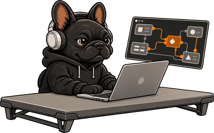 The mascot at a workbench with a laptop, beside a floating panel showing a connected node graph.