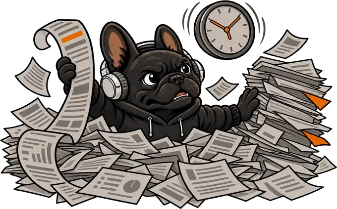 The mascot up to his chest in a drift of paper forms, holding up an unspooling printout while a clock spins overhead.