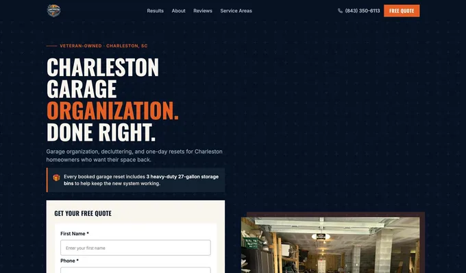 The Lowcountry Garage Ops landing page with its inline quote form.