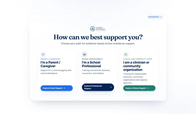 The School Avoidance Alliance entry portal, offering three paths: parent, school professional, and clinician.