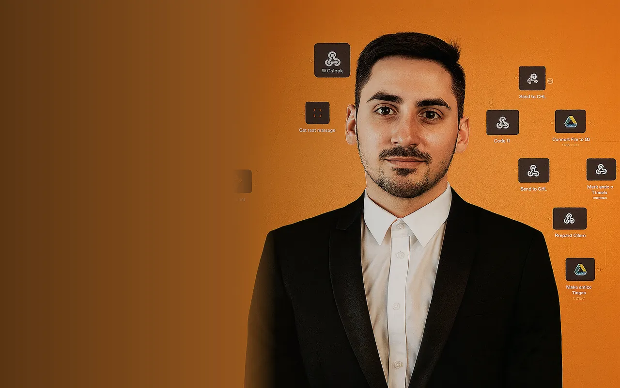 Gabriel Costache, in front of a wall of automation nodes.